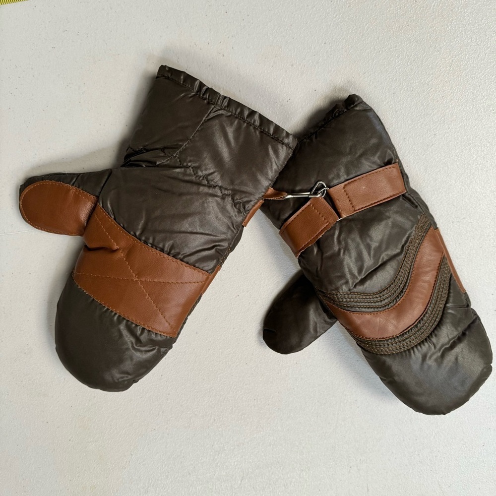 vintage mittens snow ski gloves brown nylon down feather brown duo tone medium - Picture 2 of 9